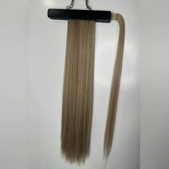 28” Human Hair Blend Wrap Around Ponytail – Silk Straight, Natural Ash Blonde - Picture 6 of 10